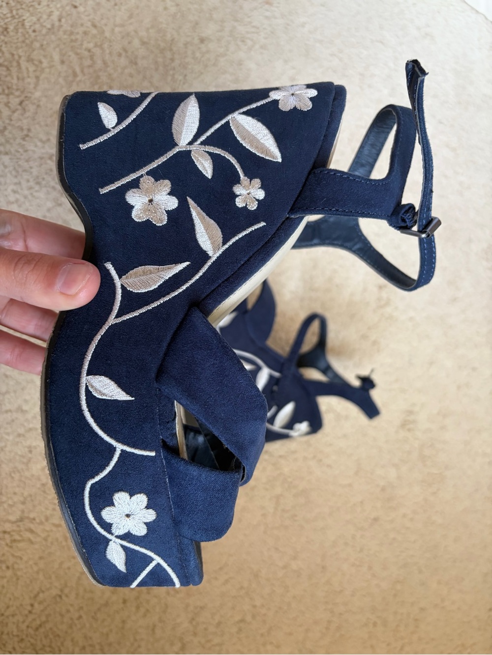 Navy Floral Embroidered Wedge Sandals - Picture 4 of 7